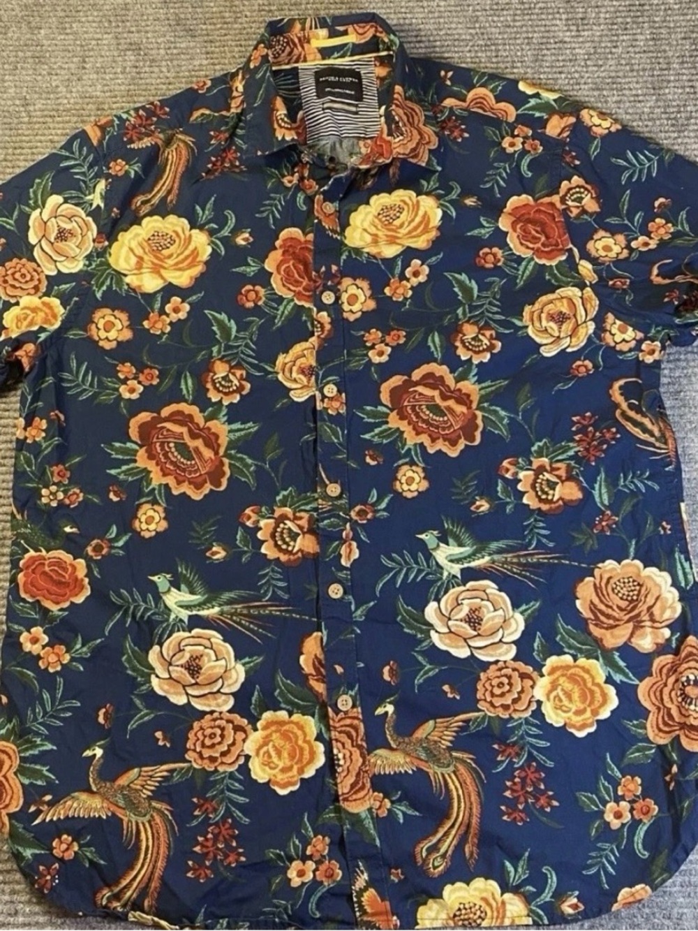 Denim & Flower Navy Button-Down Shirt with Yellow & Rust Floral Print